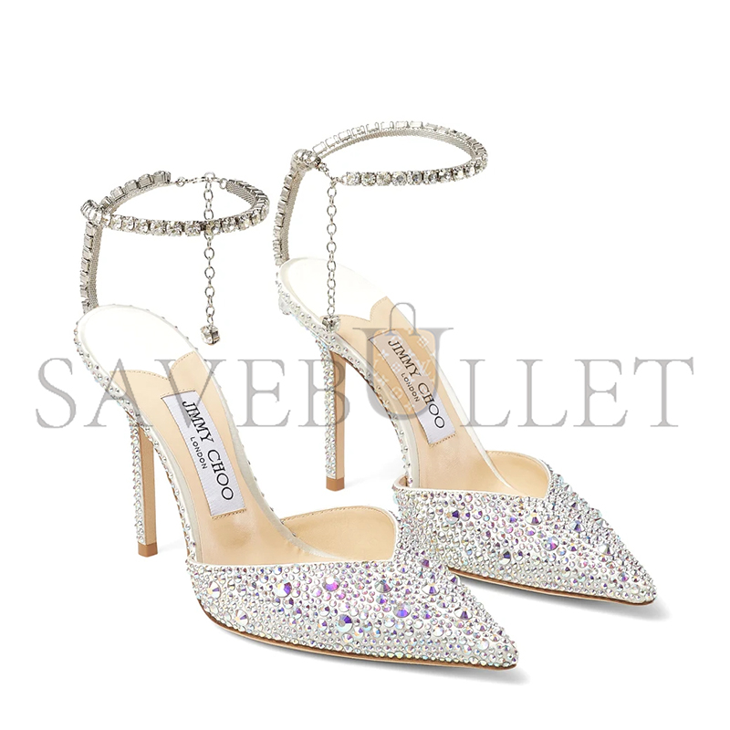 JIMMY CHOO SAEDA 100 IVORY SATIN PUMPS WITH CRYSTAL EMBELLISHMENT SAEDA100BAM JIMMY CHOO SAEDA 100 IVORY SATIN PUMPS WITH CRYSTAL EMBELLISHMENT SAEDA100BAM